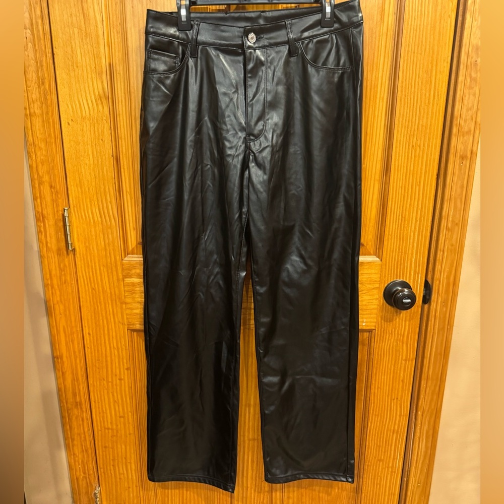 MYOURSA Faux Black Leather Women's High Waist Pants Soft Relaxed Fit XL